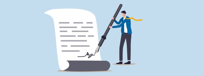 「検索エンジンに著作権侵害(DMCA)を報告する」章の見出しイラスト。水色背景に、大きな万年筆を両手で持ち、書類にサインするスーツの男性