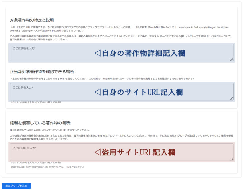 Googleの著作権侵害の報告フォーム。「対象著作物の特定と説明」欄に「自身の著作物詳細記入欄」、「正当な対象著作物を確認できる場所」欄に「自身のサイトURL記入欄」、赤地の「権利を侵害している著作物の場所」欄に「盗用サイトURL記入欄」と注釈が入り、入力先の取り違えに注意を促している